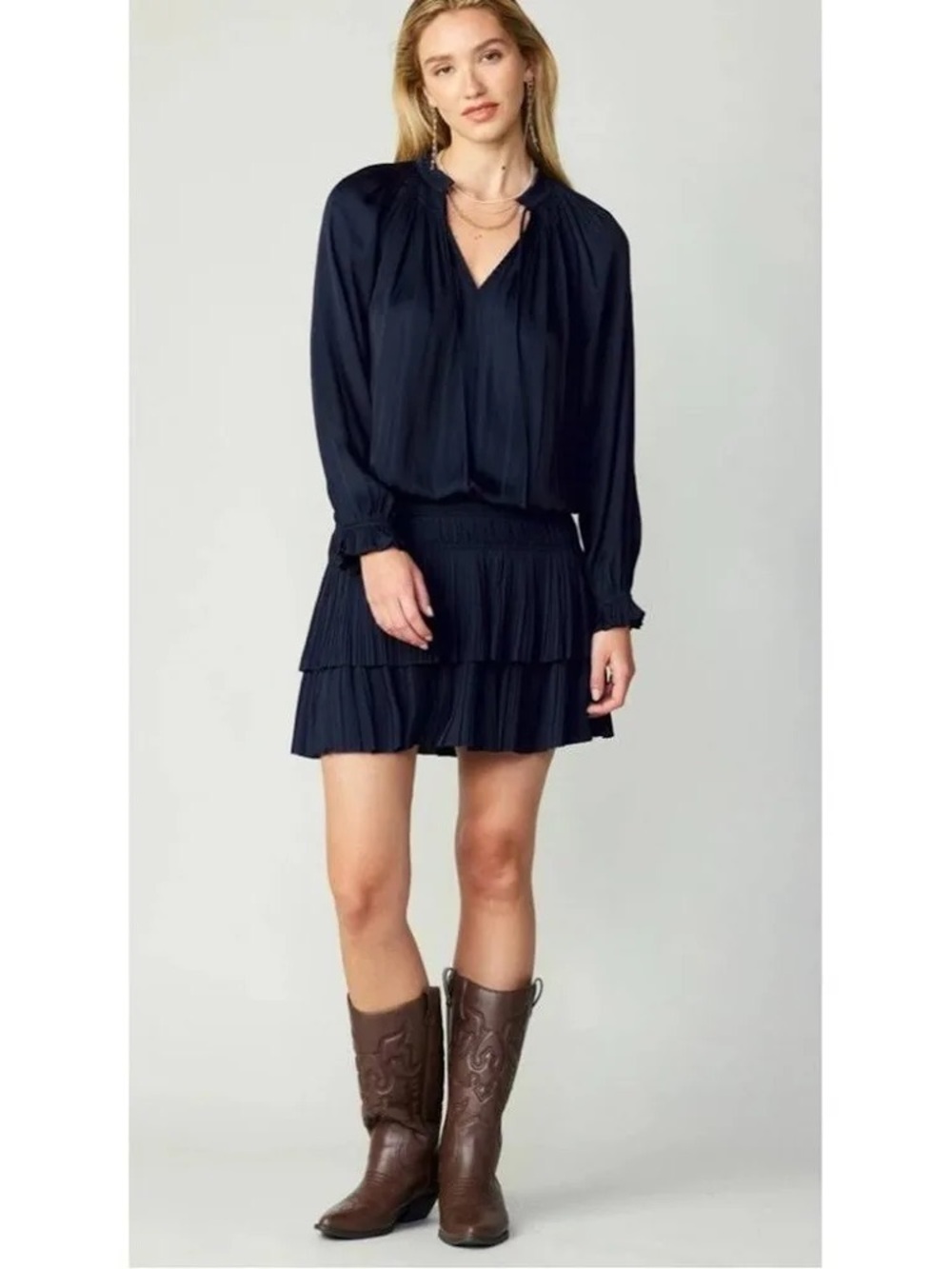Current Air Navy Pleated Long-Sleeve Dress
